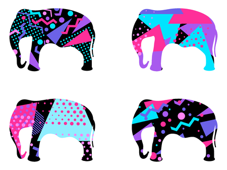 Elephant with a pattern of geometric shapes, memphis style. Vector illustrationのイラスト素材