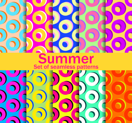 Summer seamless patterns with circles and bright colors. A collection of ten backgrounds. Vector illustrationのイラスト素材