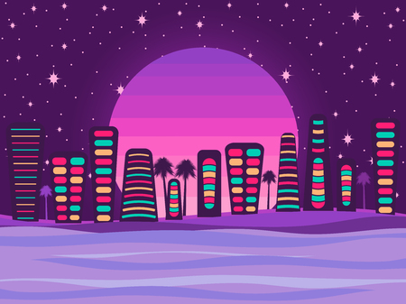 Night city on a sunset background, a retro panorama of the 80s, 90s. Tourist city by the ocean. Vector illustrationのイラスト素材