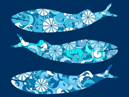 Whale with marine pattern. Background with waves, dolphins and anchors. Vector illustrationsのイラスト素材