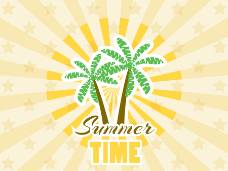 Palm trees sticker with rays. Summer time. Typography design. Vector illustrationのイラスト素材