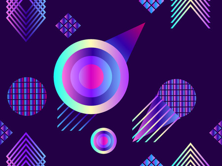 Memphis seamless pattern. Holographic geometric shapes, gradients, retro style of the 80s. Memphis design background. Vector illustrationのイラスト素材