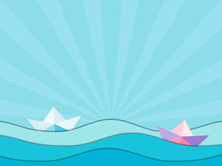 Paper ships and paper waves. Origami. Seascape, rays against the sky. Vector illustrationのイラスト素材