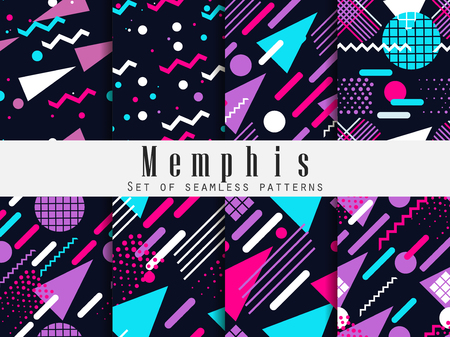 Memphis seamless pattern. Geometric elements memphis in the style of 80's. Synthwave retro background. Retrowave. Vector illustrationのイラスト素材