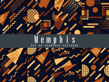Memphis seamless pattern. Geometric elements memphis in the style of 80's. Synthwave retro background. Retrowave. Vector illustrationのイラスト素材