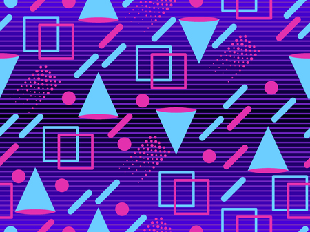 Retro futurism seamless pattern. Geometric elements memphis in the style of 80's. Synthwave retro background. Retrowave. Vector illustrationのイラスト素材