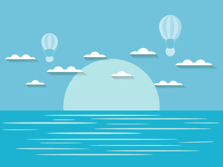 Seascape with clouds and hot air balloon. Blue and white color. Vector illustrationのイラスト素材