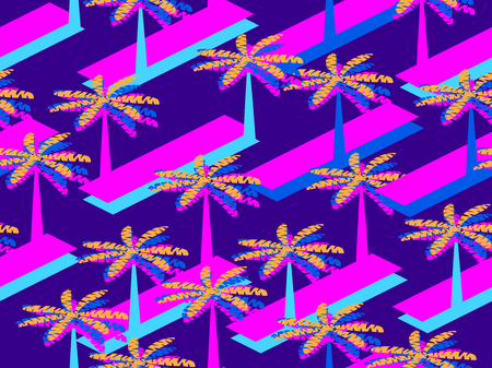 Retro futurism seamless pattern with palm tree. Geometric elements memphis in the style of 80s. Synthwave retro background. Retrowave. Vector illustrationのイラスト素材