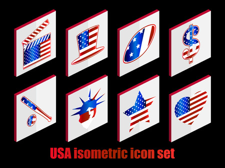 Isometric set of USA icons. The color of the flag with stripes and stars. Vector illustrationのイラスト素材