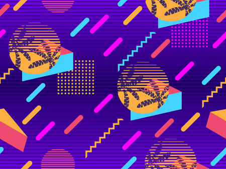 Memphis seamless pattern with palm tree. Geometric elements memphis in the style of 80s. Synthwave futuristic background. Retrowave. Vector illustrationのイラスト素材