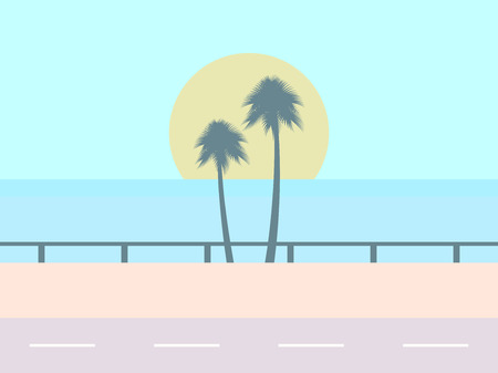 Road on the background of the beach, the sun with palm trees, tropical landscape. Highway along the ocean. Vector illustrationのイラスト素材