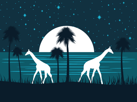 Giraffe on the shore at night with a full moon. Palm trees on the beach. Night starry sky. Vector illustrationのイラスト素材