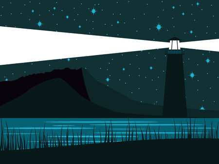 Glowing lighthouse against the background of the starry sky. The night shore of the sea. Vector illustrationのイラスト素材