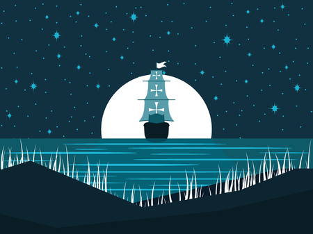 Sailing ship at night against the full moon. Moonlight on the water. Seascape. Vector illustrationのイラスト素材