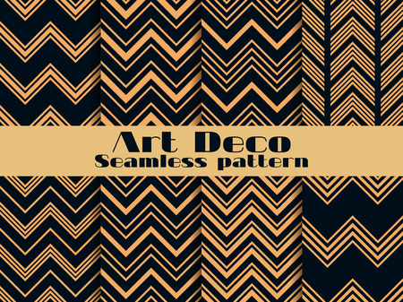 Art deco seamless pattern. Set retro backgrounds, gold and black color. Style 1920's, 1930's. Lines and geometric shapes. Vector illustrationのイラスト素材