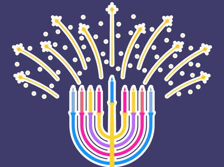 Happy hanukkah. Hanukkah candles. Menorah with nine candles. Fireworks spark. Vector illustrationのイラスト素材