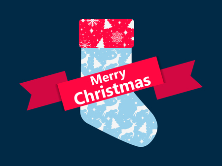 Christmas sock with a pattern of deer and Christmas trees. Festive icon with ribbon. Vector illustrationのイラスト素材