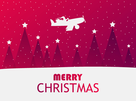 Santa Claus is flying in an airplane over a winter landscape with Christmas trees. Greeting card with falling snow. Red gradient. Vector illustrationのイラスト素材
