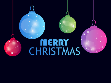 Merry Christmas. Hanging Christmas balls on black background. Multi colored gradient. Bokeh effect. Vector illustrationのイラスト素材