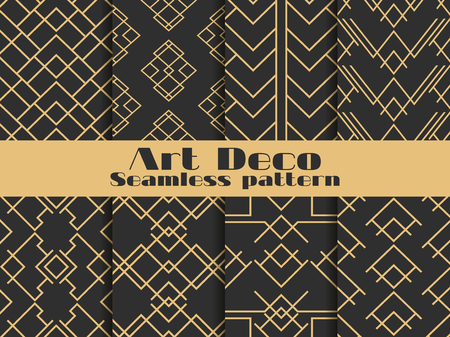 Art deco seamless pattern. Set retro backgrounds, gold and black color. Style 1920's, 1930's. Lines and geometric shapes. Vector illustrationのイラスト素材