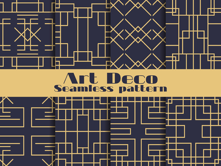 Art deco seamless pattern. Set retro backgrounds, gold and black color. Style 1920's, 1930's. Lines and geometric shapes. Vector illustrationのイラスト素材
