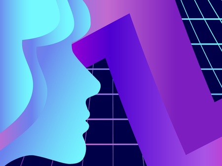 Silhouette of a woman's face. Retro background 80s with perspective grid. Futuristic modern trend. Synthwave, retrowave. Vector illustrationのイラスト素材