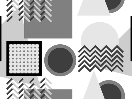 Memphis seamless pattern, black and white geometric shapes in the style of 80s. Points and dotted lines. Vector illustrationのイラスト素材
