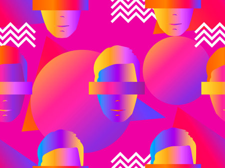 Seamless pattern of male faces with gradient. Zine culture colorful background. Retrowave. Vector...