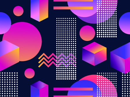 Futuristic seamless pattern with geometric shapes. Gradient with purple tones. 3d isometric shape. Synthwave retro background. Retrowave. Vector illustrationのイラスト素材