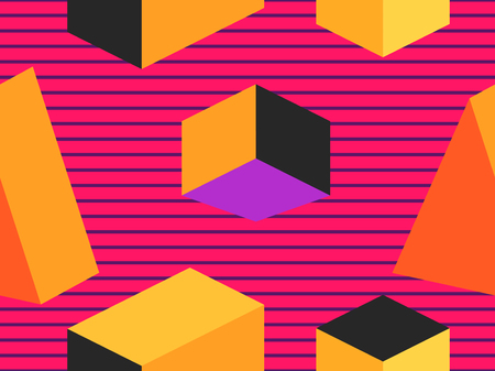 Geometric shapes in isometric style. Futuristic seamless pattern. Retrowave. Vector illustrationのイラスト素材