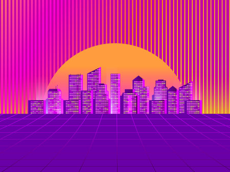 Retro futuristic city in the style of the 80s. Cyberpunk and retrowave style. Cityscape of the...