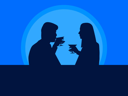 Man and woman drink cocktails. The guy and the girl on a date, the contour of people. Vector illustrationのイラスト素材