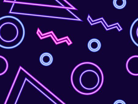 Seamless pattern with glowing neon geometric shapes in the memphis style of the 80s. Retrowave. Vector illustrationのイラスト素材