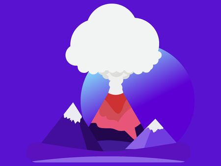 Volcano eruption flat style. Highlands on the background of meadows, night landscape. Vector illustrationの写真素材