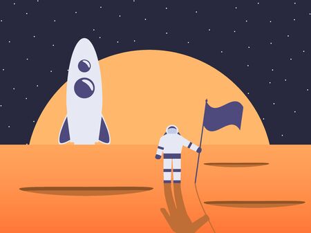 Astronaut on the background of a spaceship. Colonization of Mars. Vector illustrationのイラスト素材
