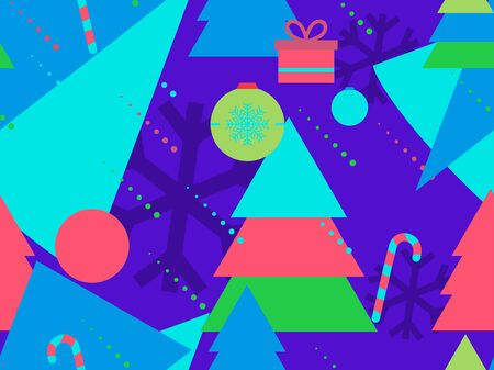 Christmas seamless pattern in memphis style of 80s. Snowflakes and fir-trees. Promotional products, wrapping paper and printing. Vector illustrationのイラスト素材