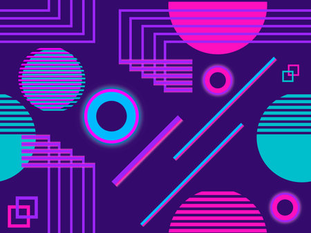 Cyberpunk seamless pattern. Retro futurism of the 80s. Neon round and linear light rays.