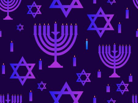 Hanukkah seamless pattern. Menorah with nine candles. Star of David. Vector illustrationのイラスト素材