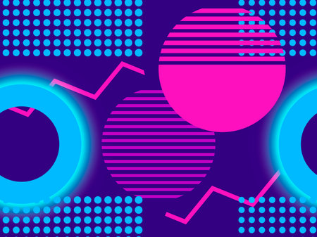 Geometric seamless pattern with memphis elements and neon glow 80s style. Cyberpunk futurism...