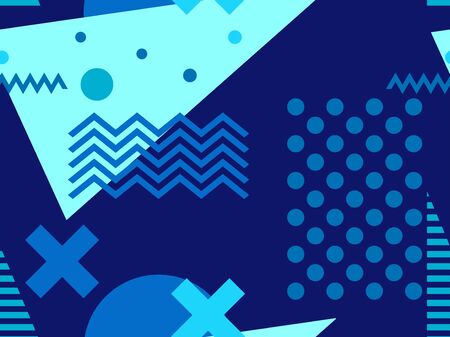 Geometric seamless pattern in 80s memphis style. Shades of turquoise color. Background for brochures, promotional material and wallpaper. Vector illustrationのイラスト素材