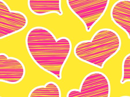 Seamless pattern with hearts for Valentine's day. Red hearts on a yellow background for greeting card, wrapping paper, promotional materials. Vector illustrationのイラスト素材
