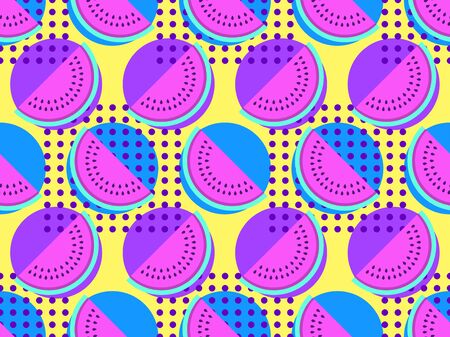 Slices of watermelon seamless pattern with geometric shapes. Zine culture colorful background.  Pop art dots. Vector illustrationのイラスト素材