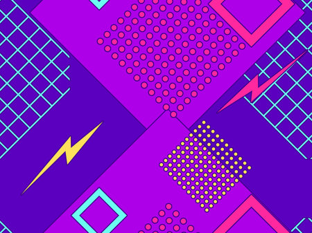 80s geometric shapes memphis style seamless pattern. Eighties print colorful background for...