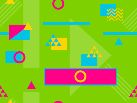 Seamless pattern in the style of the 80s and 90s with geometric shapes and memphis elements. Trendy...