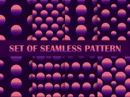 Sun set of seamless patterns in the style of the 80s. The virtual reality. Synthwave and retrowave style. Vector illustrationのイラスト素材