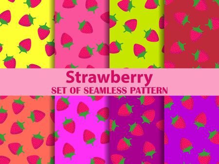 Strawberry set of seamless patterns. Strawberries on a colorful background. Background for brochures, promotional material and wallpaper. Vector illustrationのイラスト素材