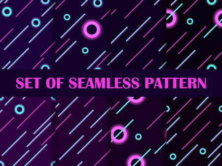 Cyberpunk set of seamless pattern. 80s retro sci-fi background. Neon round and linear light rays. Vector illustrationのイラスト素材