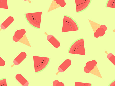 Watermelon ice cream seamless pattern. Triangular slices of watermelon and Ice lolly. For brochures,...