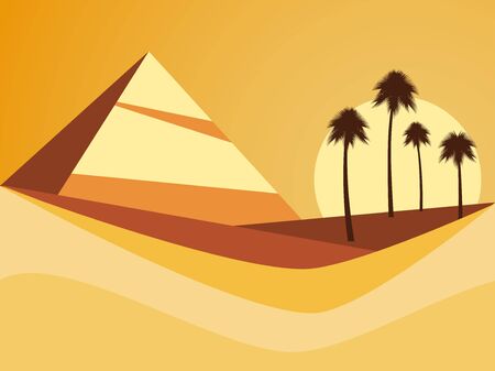 Desert landscape with a pyramid and palm trees. Desert with dunes in flat style. Vector illustrationのイラスト素材