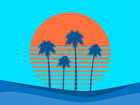 Tropical landscape with palm trees on a background of sea sunset. 
80s Retro style. Background for advertising, poster and banner. Vector illustrationのイラスト素材